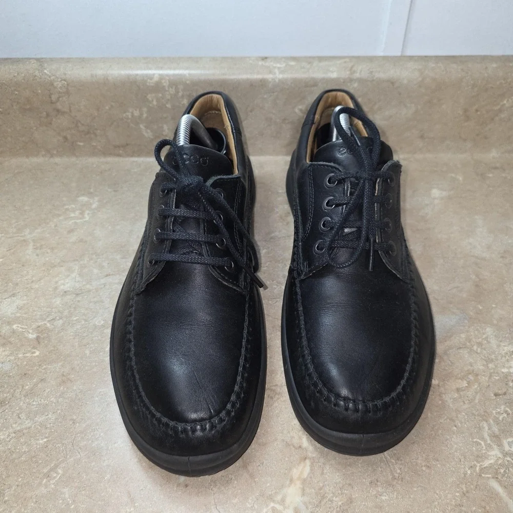 Ecco Shoes Mens Size 9.5 Black Leather Moc Toe Lace Up Casual Comfort Walking